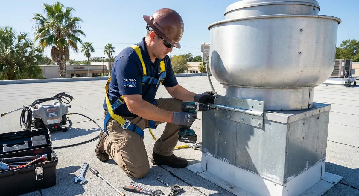 Greensboro Hood Cleaning technician installing exhaust fan hinge kit
