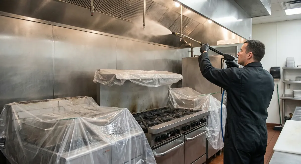 Greensboro restaurant hood cleaning technician servicing a commercial kitchen exhaust system