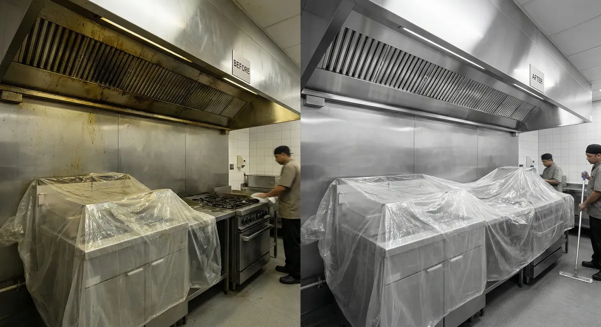 Before and after Greensboro hood cleaning comparison showing restaurant grease removal results